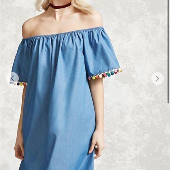 Off-the-Shoulder Pom Pom Dress - Picture 1 of 4